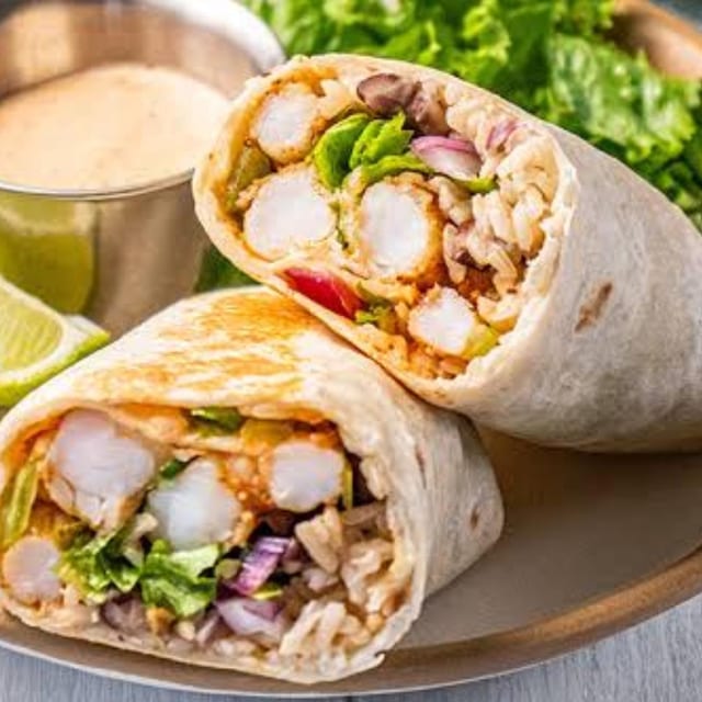 Old Bay Brunch Burrito: Shrimp, Bacon, Egg, Melted Cheese.